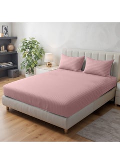 Rest Stripe Fitted Sheet Set Superking 200X 200+30 Cm + 2 Pillowcases 50 X 75 Cm Brushed Microfiber Premium Durable Quality Deep Pocket For A Perfect Fit Shrinkage Fade Resistant Peach  - Image 1
