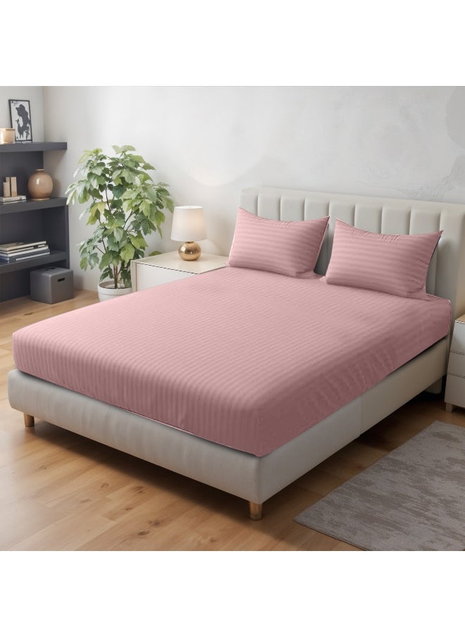Rest Stripe Fitted Sheet Set Superking 200X 200+30 Cm + 2 Pillowcases 50 X 75 Cm Brushed Microfiber Premium Durable Quality Deep Pocket For A Perfect Fit Shrinkage Fade Resistant Peach  - Image 1