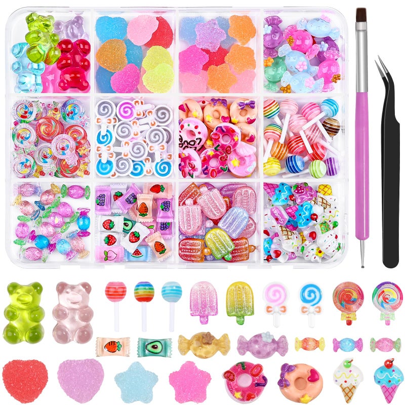 editTime 3D Candy Nail Charms, Multi Color Sweet Lollipop Donuts Doughnut Gummy Star Heart Bears Cute Candy Jewelry Nail Charms with Pickup Tools for Nail Art DIY Decorations Design - Image 1