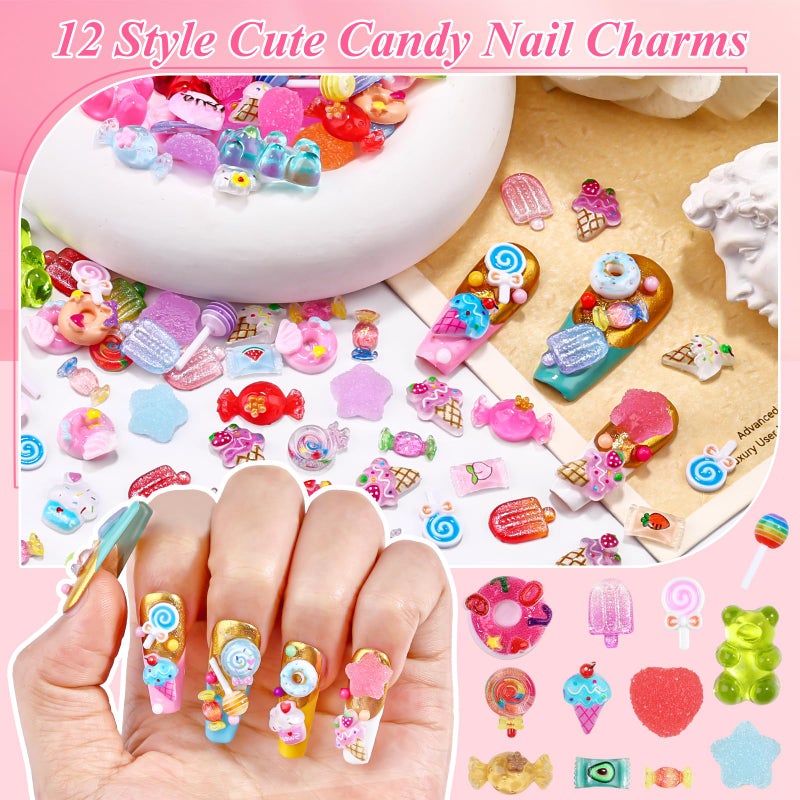 editTime 3D Candy Nail Charms, Multi Color Sweet Lollipop Donuts Doughnut Gummy Star Heart Bears Cute Candy Jewelry Nail Charms with Pickup Tools for Nail Art DIY Decorations Design - Image 4