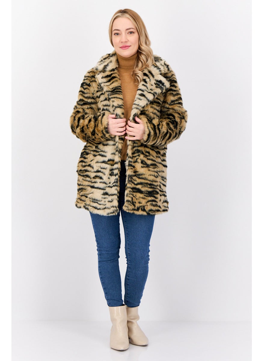 Women Faux Fur Leopard Print Sherpa Jacket, Multicolor