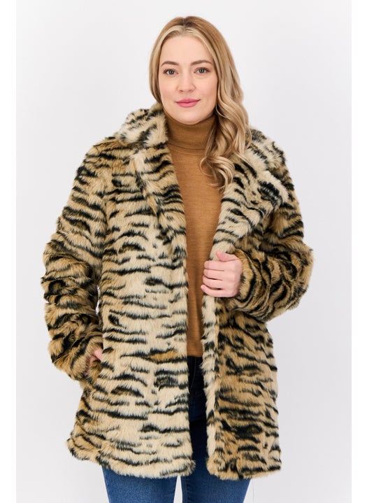 Women Faux Fur Leopard Print Sherpa Jacket, Multicolor
