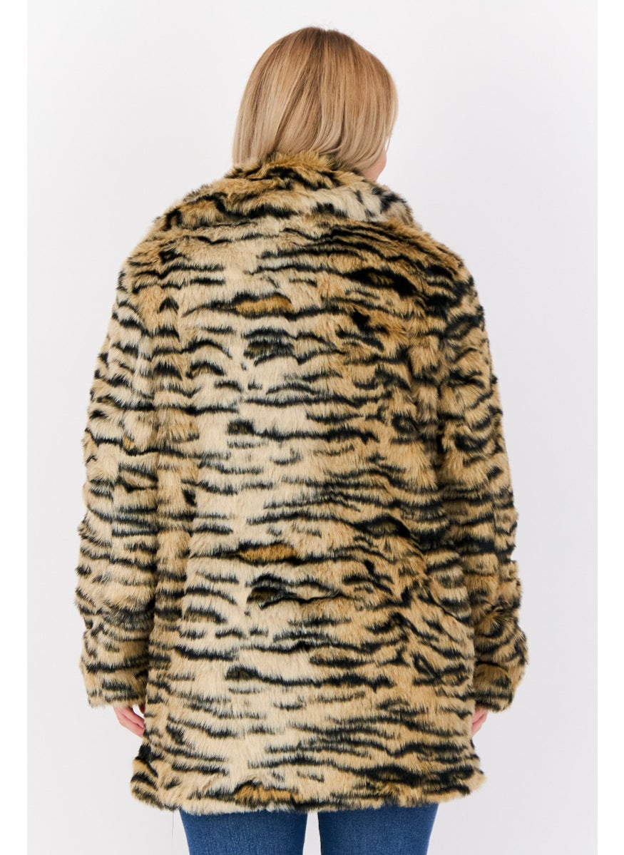 Women Faux Fur Leopard Print Sherpa Jacket, Multicolor