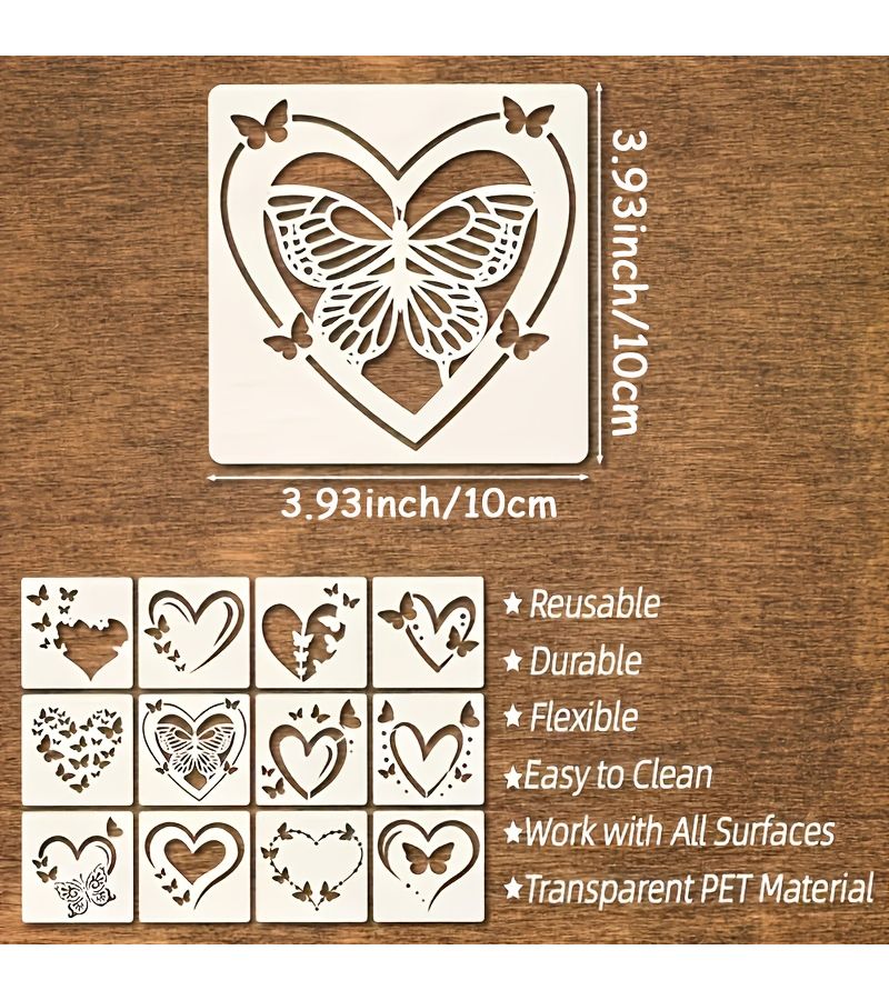 12pcs Butterfly And Heart Drawing Stencils Reusable DIY Templates For Fabric Paper Walls - Image 2