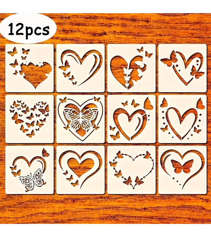 12pcs Butterfly And Heart Drawing Stencils Reusable DIY Templates For Fabric Paper Walls - Image 1