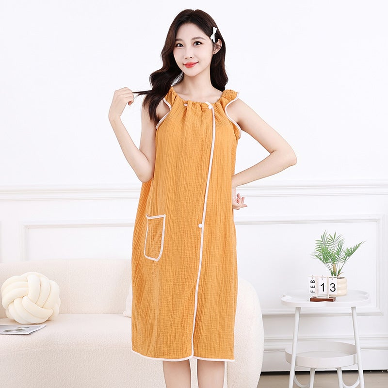 Bathrobe, Bath Skirt, Pure Cotton Gauze Bath Towel, Wearable Bath Towel, Women''s Pajamas, Nightgown, Absorbent Bath Robe, Suspenders, Extended Length - Image 1