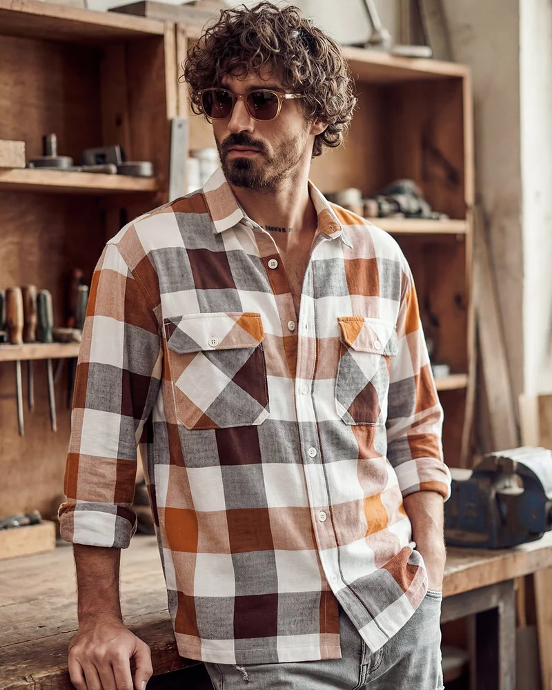 بيواكوف قميص رجالي أبيض وبرتقالي صدئ كاروهات كبير الحجم