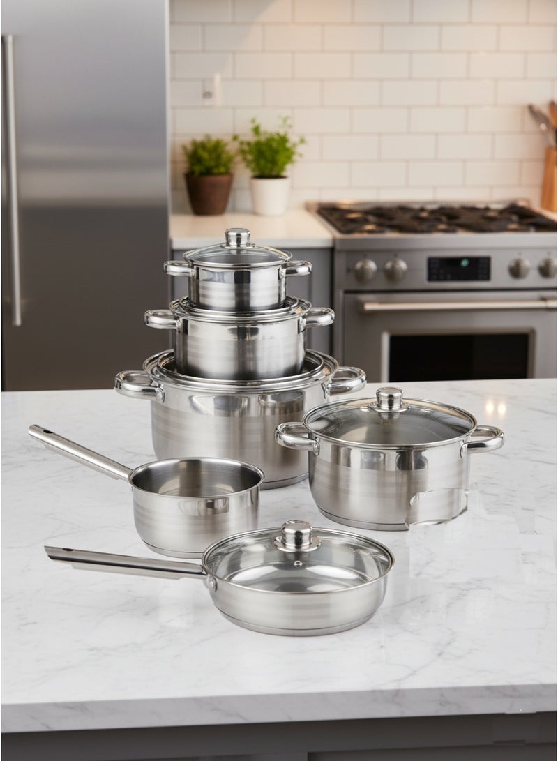 BASURRAH 12 Piece Stainless Steel Cookware, Frying Pan and Saucepan Set, Induction Safe Cooking Pans with Glass Lid (Variety Pack) - Image 1