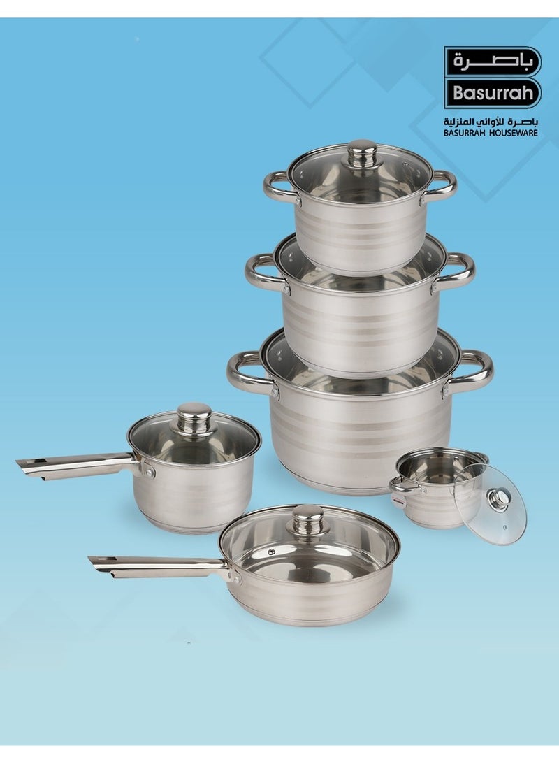 BASURRAH 12 Piece Stainless Steel Cookware, Frying Pan and Saucepan Set, Induction Safe Cooking Pans with Glass Lid (Variety Pack) - Image 3