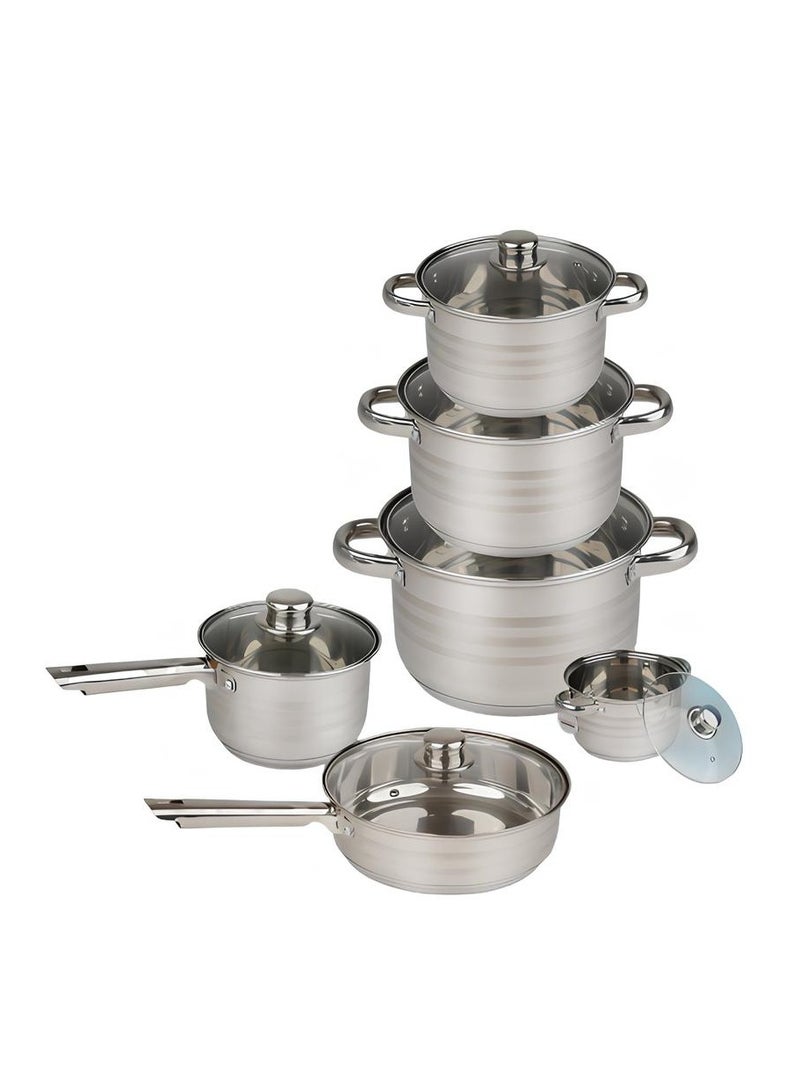 BASURRAH 12 Piece Stainless Steel Cookware, Frying Pan and Saucepan Set, Induction Safe Cooking Pans with Glass Lid (Variety Pack) - Image 4