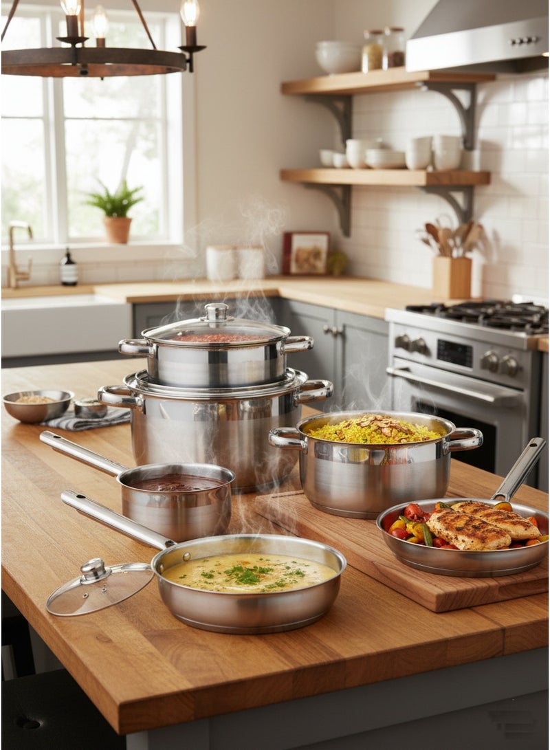 BASURRAH 12 Piece Stainless Steel Cookware, Frying Pan and Saucepan Set, Induction Safe Cooking Pans with Glass Lid (Variety Pack) - Image 2