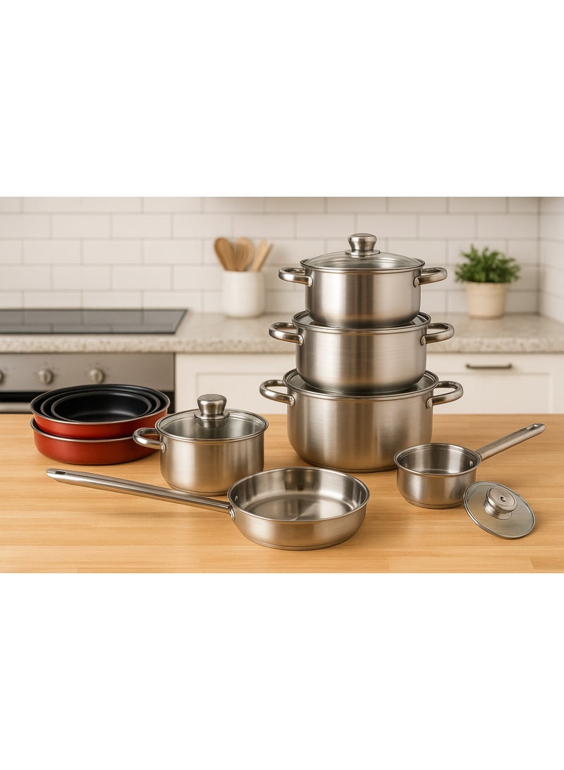 BASURRAH 12 Piece Stainless Steel Cookware, Frying Pan and Saucepan Set, Induction Safe Cooking Pans with Glass Lid (Variety Pack) - Image 5