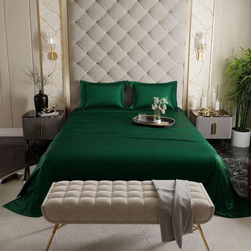 Stoa Paris Satin Bedsheet Double Bed with Pillow Covers Premium Ultra Satin Bedding Set Gifts for Women Couples Wedding Bedroom Home Furnishing Date Night Collection Emerald Green