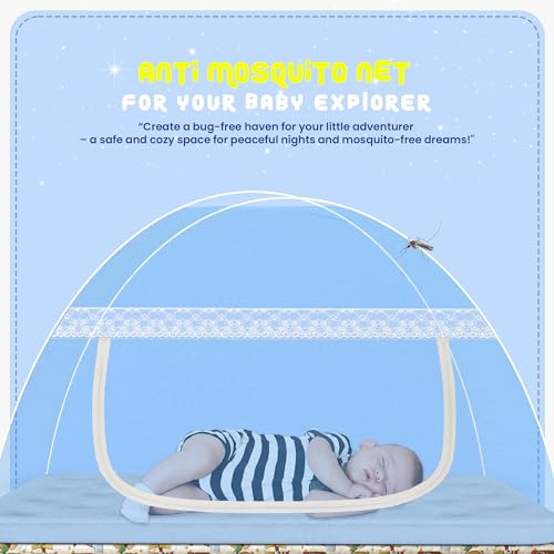 Fegore Foldable Baby Mosquito Net Strong Durable 30 GSM Use Polyester Material Premium Fabric Machardani for 0 to 24 Months Babies (Blue Color 4 Ft x 2.5 Ft Size) - Image 2