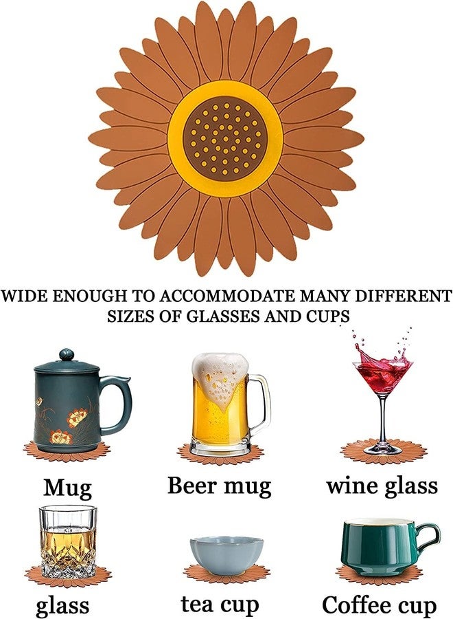 FS COOL Sunflower Table and Counter Mats, Multi-Purpose Soft Rubber Pads for Hot Pots and Dishes, Non-Slip Silicone Coasters for Cups, Drinks, Pots and Pans(Big, Pack of 4, Brown) - Image 3