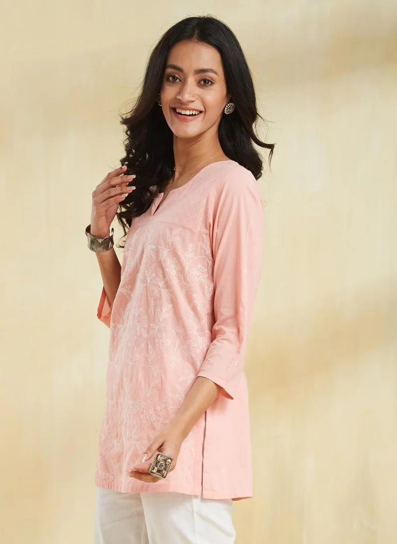 فاب انديا Pink Cotton Chikankari Slim Fit Short Kurta