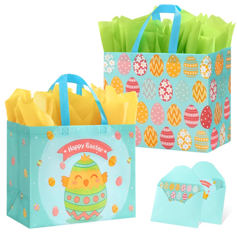 STYPOP 2 Pack 13" Large Easter Gift Bags with Tissue Paper, Reusable Non-Woven Easter Bags with Handles for Kids Egg Hunts/Party Favor Supplies, 12.8"*10.2"*6.3" - Image 1