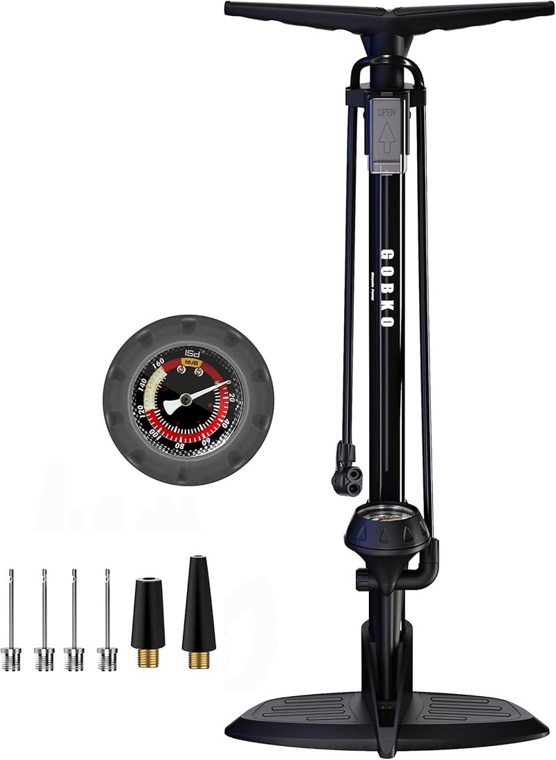 GOBKO Bike Floor Pump with Gauge - High Pressure 170 PSI Portable Air Pump for Presta and Schrader Valves - Image 1