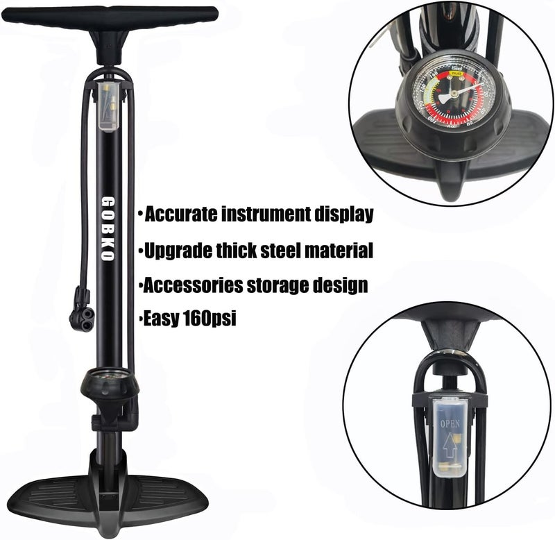 GOBKO Bike Floor Pump with Gauge - High Pressure 170 PSI Portable Air Pump for Presta and Schrader Valves - Image 4