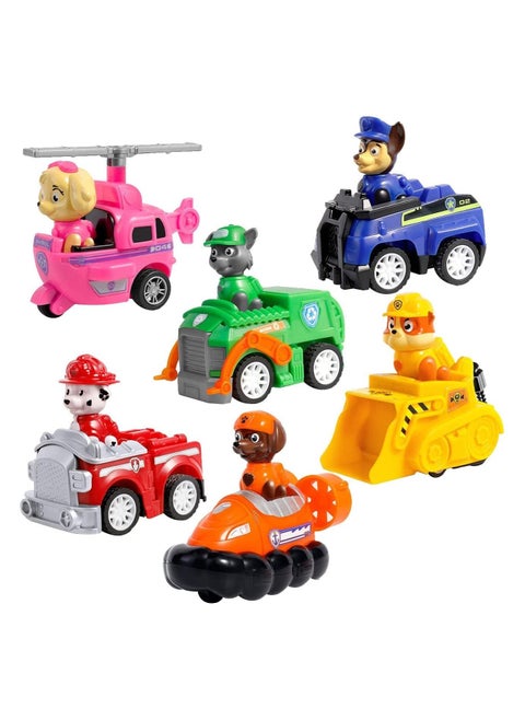 Paw Patrol 6-in-1 Pull Back Figures. All the characters are in one box, and they also come with their own cars. The cars run, but when you pull them back, they will go forward. Holiday toy, birthday gift, for children, boys, and girls.