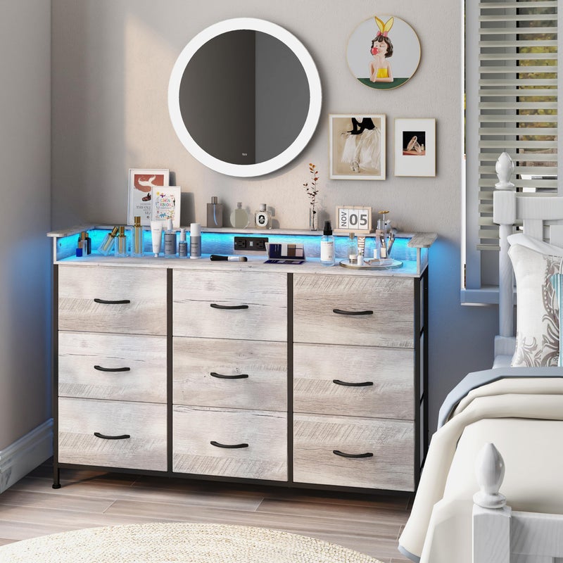 EXOTICA EXOTICA Dresser with Charge Station 9 Drawers Dresser for Bedroom with LED Lights Tall Wide Fabric Dressers  Chests of Drawers for Closet Hallway Entryway Sturdy Steel Frame Wood Top