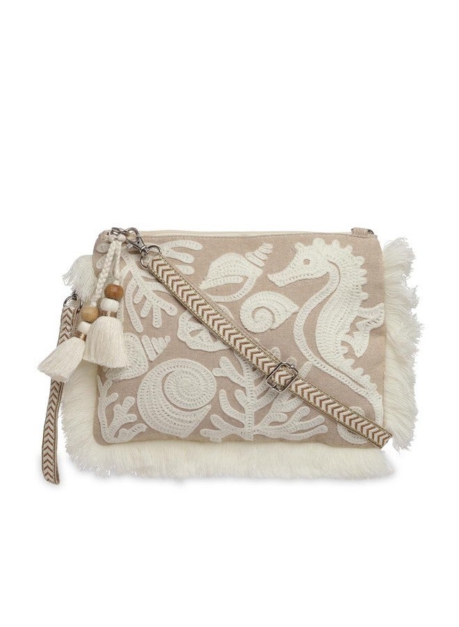 Anekaant Womens Kooky Beige & White Boho Quirky Embroidered Cotton Sling Bag - Image 1