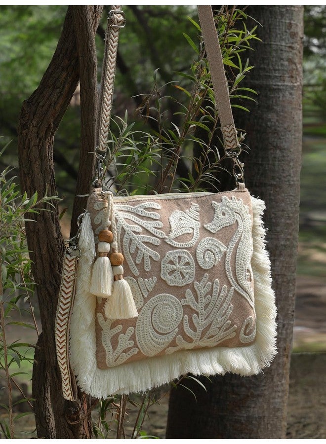 Anekaant Womens Kooky Beige & White Boho Quirky Embroidered Cotton Sling Bag - Image 3