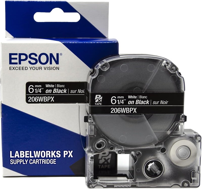 LABELWORKS Epson 206WBPX Genuine PET (Polyester) Tape Cartridge - White on Black Label Maker Tape - 1/4" (6MM) Wide, 30' - Image 1