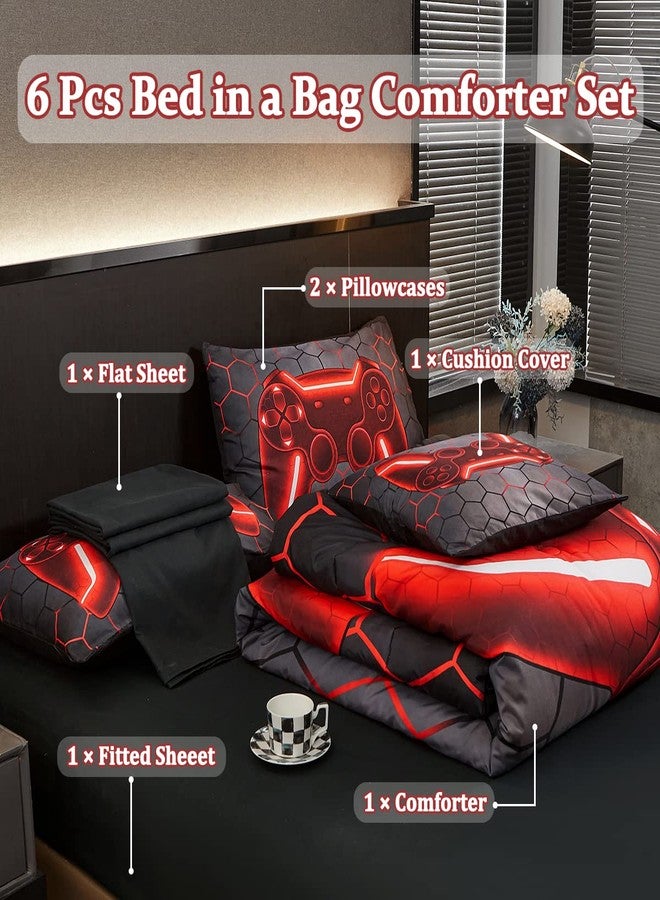 Tasselily Game Console Red Comforter Set with Sheets, 6 Pcs Bed in A Bag Geometric Lightweight Full Size Boys Bedding Set for Girls Kids - Image 2