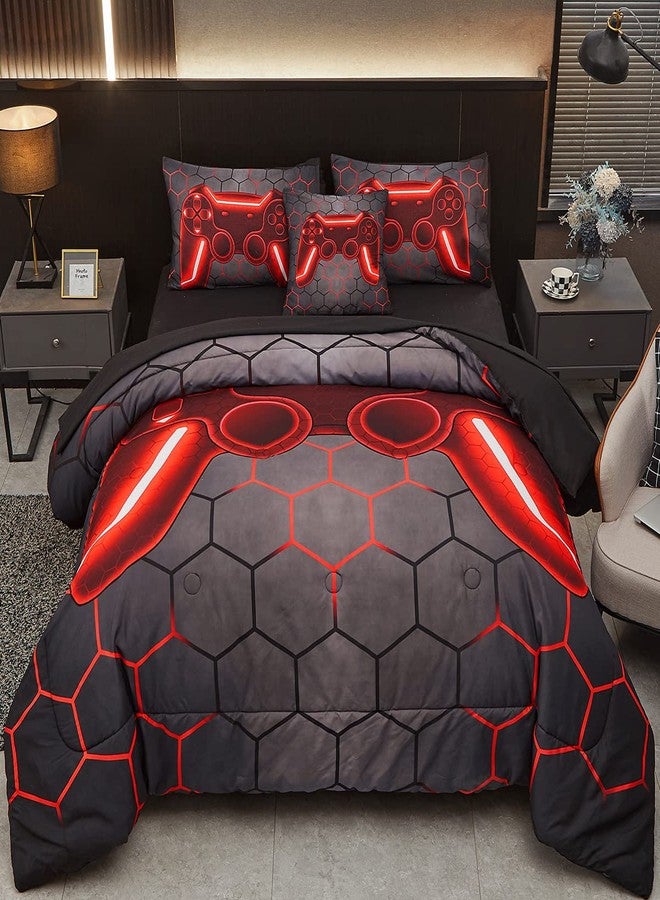 Tasselily Game Console Red Comforter Set with Sheets, 6 Pcs Bed in A Bag Geometric Lightweight Full Size Boys Bedding Set for Girls Kids - Image 1
