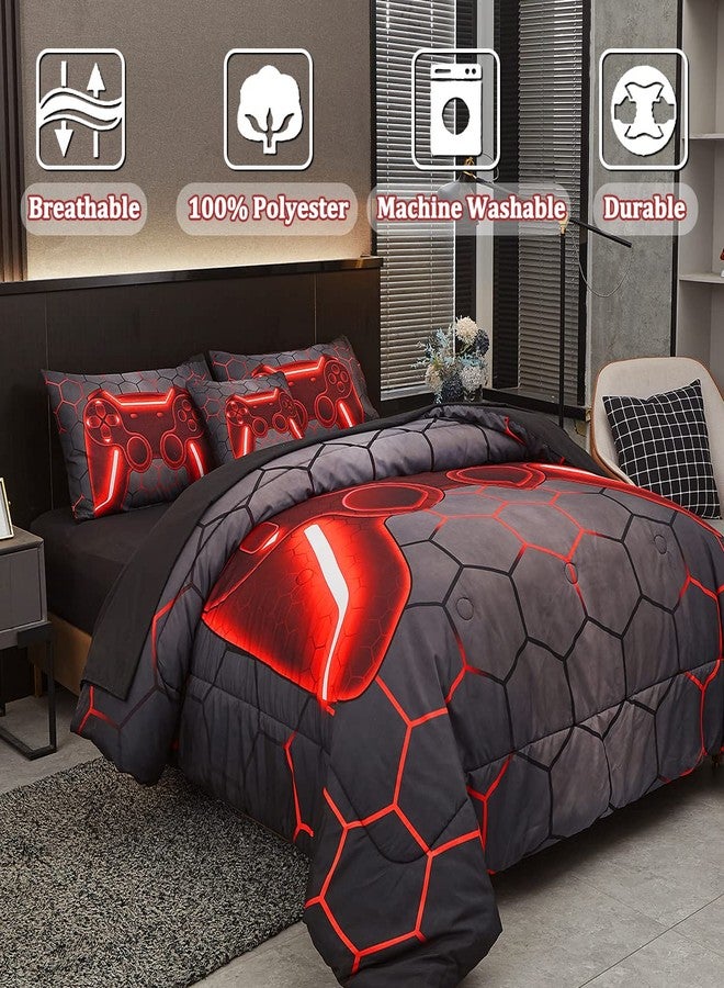 Tasselily Game Console Red Comforter Set with Sheets, 6 Pcs Bed in A Bag Geometric Lightweight Full Size Boys Bedding Set for Girls Kids - Image 3