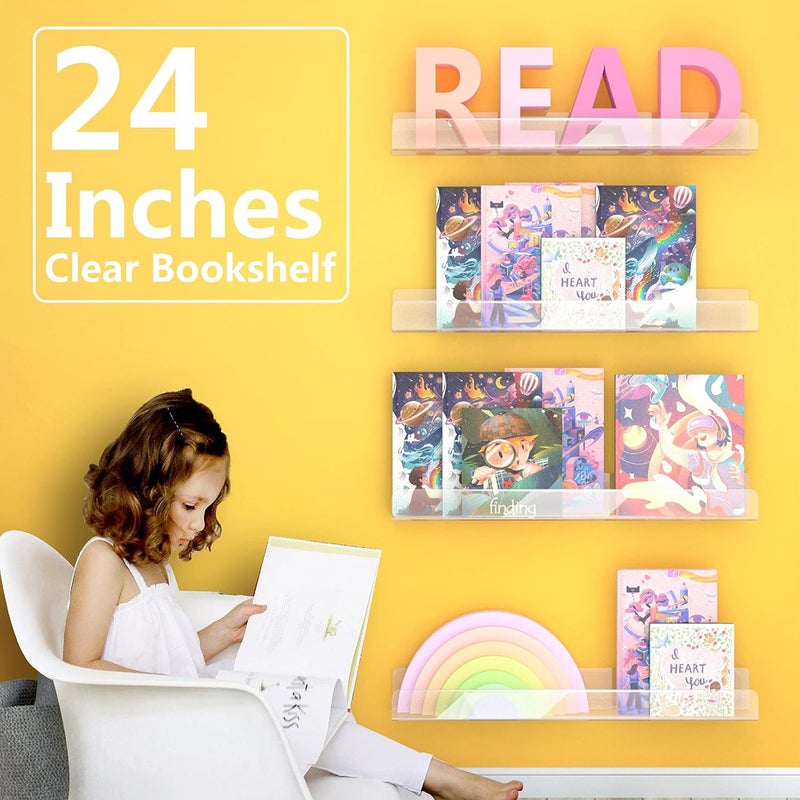 RORKIM 2 رف كتب مثبت على الحائط مقاس 24 بوصة للأطفال، رفوف كتب عرضية من الأكريليك الشفاف لغرفة الأطفال والرضع والفصول الدراسية - Image 4