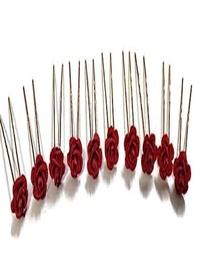 BRIKSHI Hair Pin Rose Flowers Hair pins in Red for bun Juda pin Hair Accessories Pins for Girls Womens Bridal Set of 12 Artificial Red Rose flower juda pins - Image 5