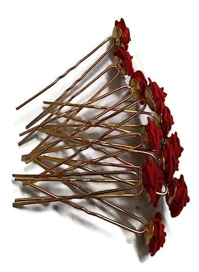 BRIKSHI Hair Pin Rose Flowers Hair pins in Red for bun Juda pin Hair Accessories Pins for Girls Womens Bridal Set of 12 Artificial Red Rose flower juda pins - Image 2