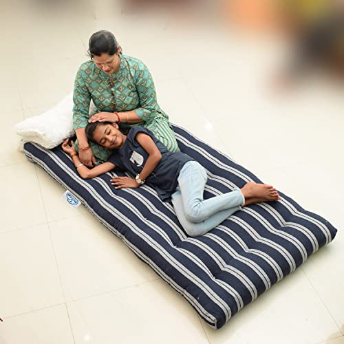 NEXTGO Mattress Single Bed Size 3 X 6 Feet | Soft White Cotton Fibre Foldable Floor Mattress with 1 Filled Pillow | Guest, Travel, Bachelor, PG, Hostel Use Tufted Ruyi Gaddi | Blue White Lining - Image 1