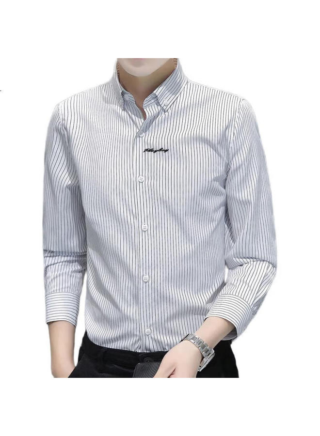 PLAYBOY Long-Sleeve Shirt For Men, Spring And Autumn Men'S Shirt, Striped Business Casual Gentleman'S Jacket, White Stripe, 2Xl - Image 1