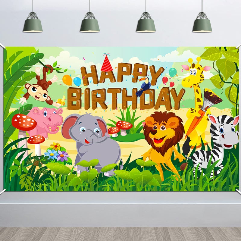 HOWAF Fabric Happy Birthday Banner for Jungle Animal Theme Party Decorations Kids Boys Forest Safari Theme Background Decoration Wall Backdrop Photography 6 x 36ft