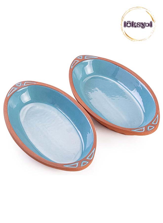 Handmade Clay Cookware for Mexican, Indian, and Korean Dishes - Turquoise Glazed Pottery Pan with Handles - 2 Pcs - Cooking, Baking, and Serving in Style with Authentic Clay Cookware