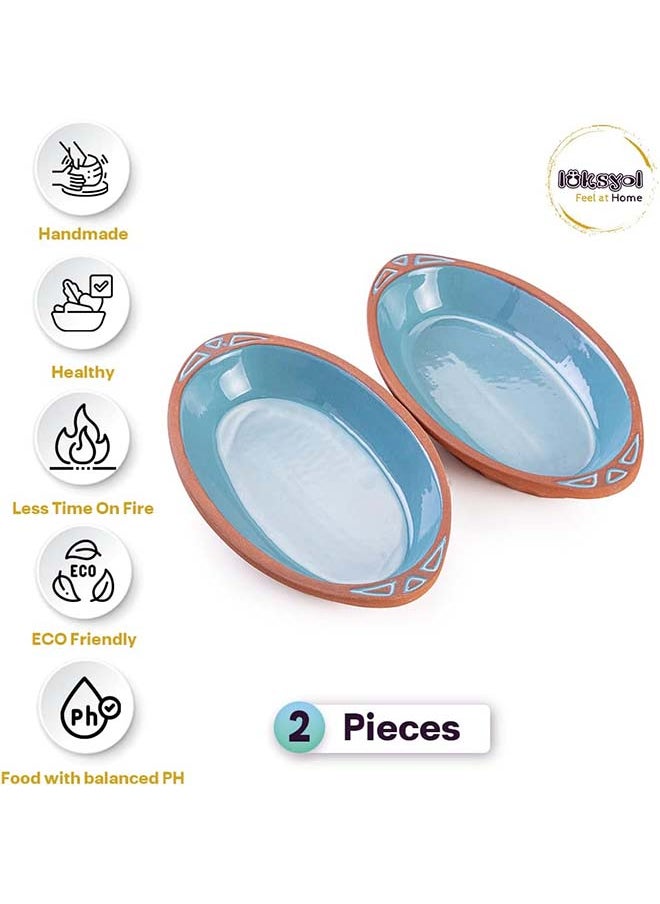 Handmade Clay Cookware for Mexican, Indian, and Korean Dishes - Turquoise Glazed Pottery Pan with Handles - 2 Pcs - Cooking, Baking, and Serving in Style with Authentic Clay Cookware