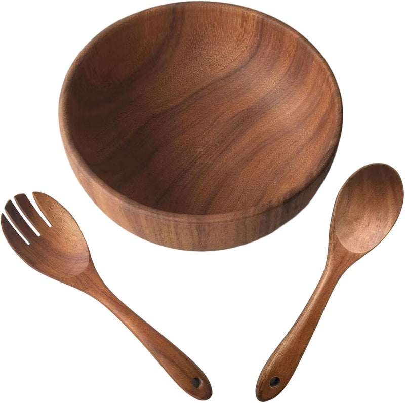 Salad Bowl Set with Acacia Wood Bowl, 7.1 in Size, Includes Spoon and Fork, Food Safe, Gift Box Packing - Image 1