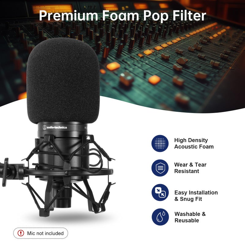 PhantAccy Pop Filter/Windscreen for Audio-Technica AT-2020 AT-2035 AT-2040 AT-2050 ATR2500 ATR2500X AT-4040 Microphones, Foam Mic Cover for Filtering Plosives and Hissing Noise (Foam-Black) - Image 2