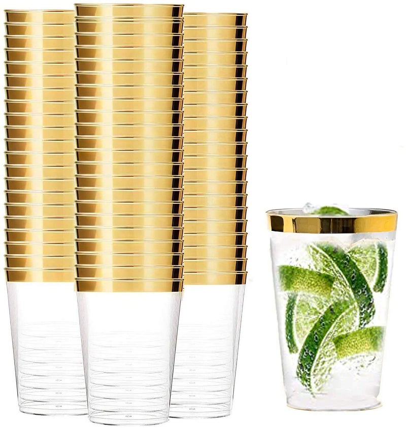 Tebery 100 Pack Clear Plastic Cups 16Oz Disposable Tumblers with Gold Rim Elegant Party Tumblers for Wedding and More