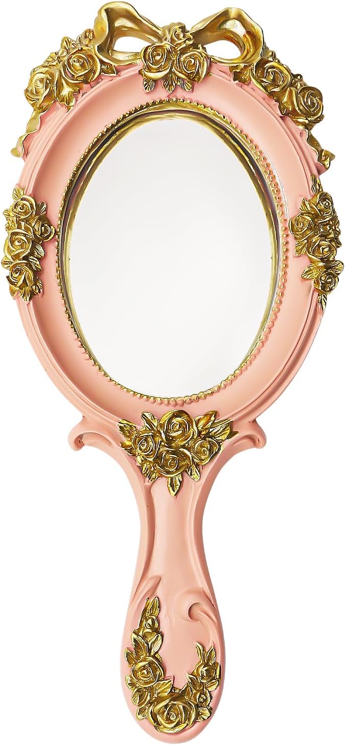 Generic Elegant Rose Gold Vintage Handheld Mirror for Women - Victorian Pink Hand Mirror with Handle, Ideal for Makeup, Touch-Ups, Grooming and Travel 