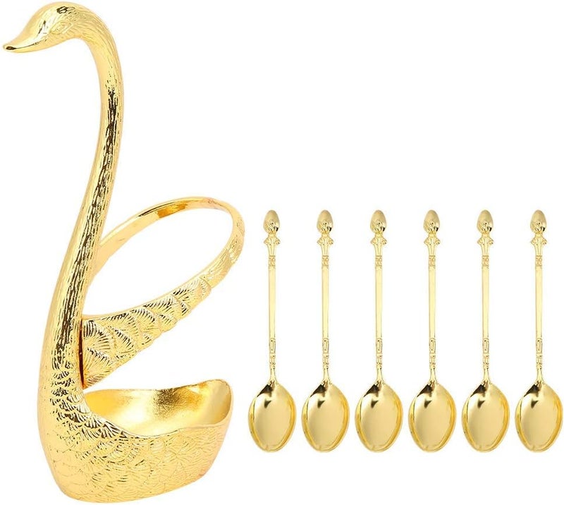 6-Piece Gold Swan-Shaped Dessert Spoon Set with Elegant Holder – Zinc Alloy Carved Tableware for Home & Cafe - Image 1