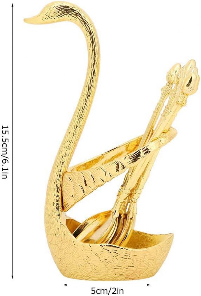 6-Piece Gold Swan-Shaped Dessert Spoon Set with Elegant Holder – Zinc Alloy Carved Tableware for Home & Cafe - Image 3