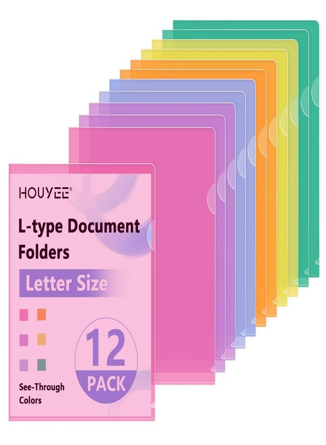 HOUYEE 12 Pack Clear Document Folders, L-Type Plastic File Folder Sleeves, Project Folders Paper Sheet Protectors for 8.5" x 11" Letter Size, for Home, Office, and School Use (6 Assorted Colors) - Image 1