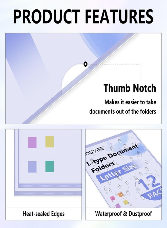 HOUYEE 12 Pack Clear Document Folders, L-Type Plastic File Folder Sleeves, Project Folders Paper Sheet Protectors for 8.5" x 11" Letter Size, for Home, Office, and School Use (6 Assorted Colors) - Image 3