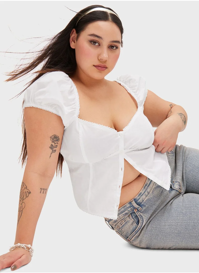 MONKI Puff Sleeve Button Down Crop Top