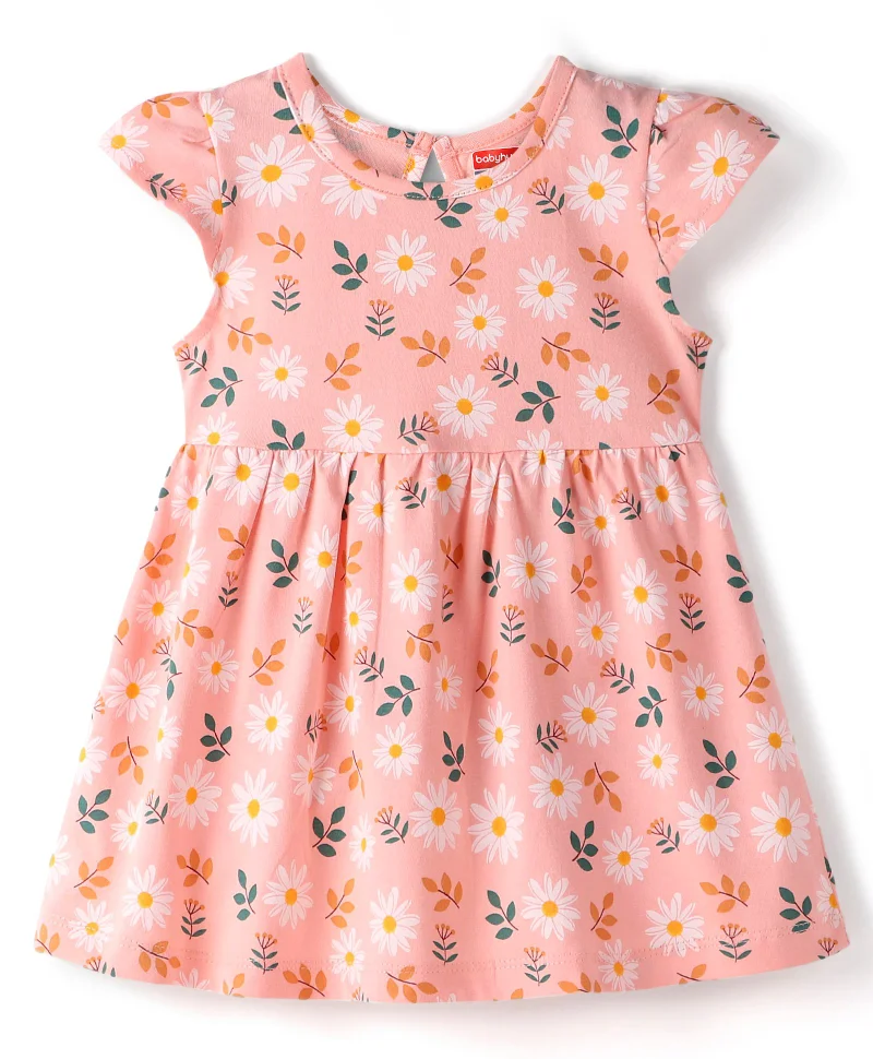 babyhug Babyhug 100% Cotton Knit Half Sleeves Frock With Floral Print Pack Of 2 - Pink & Orange