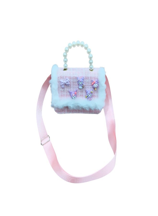 LIGHTER HOUSE Girls Mini Handbag, Pink Tweed with Faux Fur Trim, Pearl Handle, Cartoon Charms, Crossbody Strap, Pack of 01 Pc - Image 1